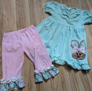 Boutique Girls Easter Bunny Mint Ruffle Dress & Pink Floral Leggings Set 4XL